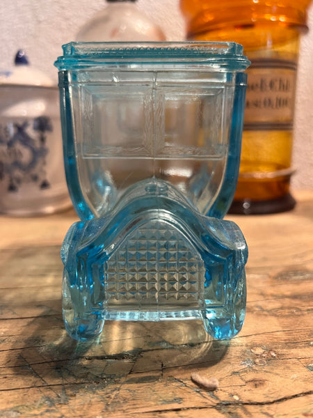 Bonbonnière vintage voiture Portieux en verre bleu