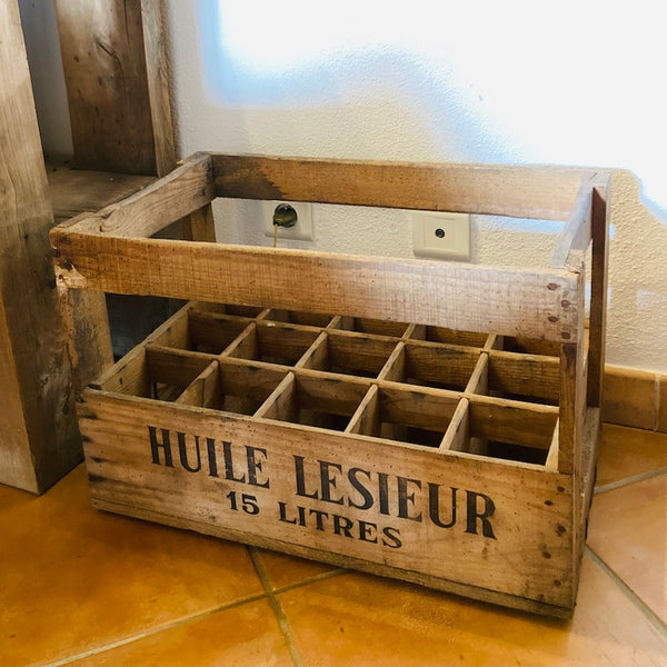 Casier à bouteilles vintage en bois Huile Lesieur 15 litres - Années 50/60