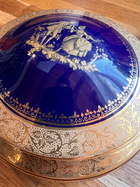 Bonbonnière ancienne en porcelaine bleu de four Limoges France cobalt / or