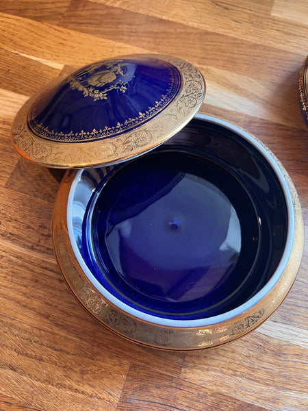 Bonbonnière ancienne en porcelaine bleu de four Limoges France cobalt / or