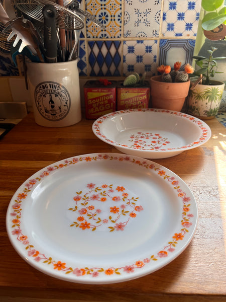 2 plats vintages en verre Arcopal Scania à fleurs oranges et roses - 1970