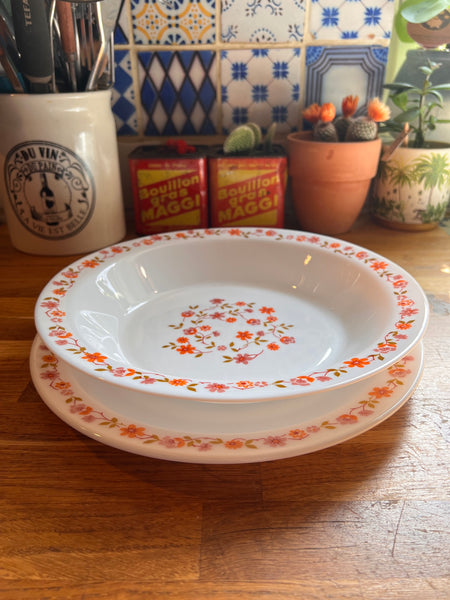 2 plats vintages en verre Arcopal Scania à fleurs oranges et roses - 1970