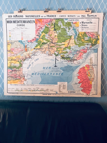 Carte / affiche scolaire vintage "Midi Méditerranéen et Corse" Kaeppelin et Deffontaines / Hatier N°6
