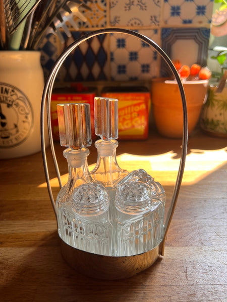 Serviteur à condiments vintage en verre et métal