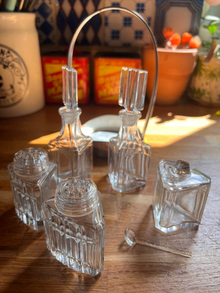 Serviteur à condiments vintage en verre et métal