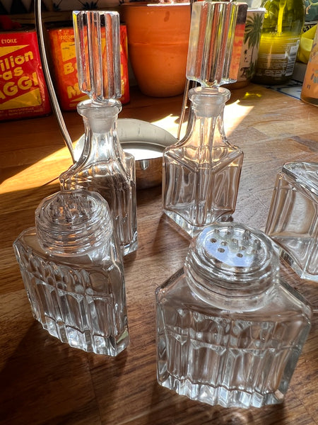 Serviteur à condiments vintage en verre et métal