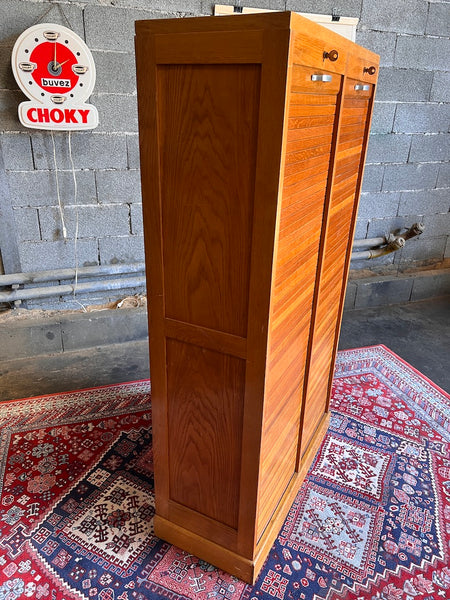 Meuble classeur double rideau vintage en chêne clair - Années 50