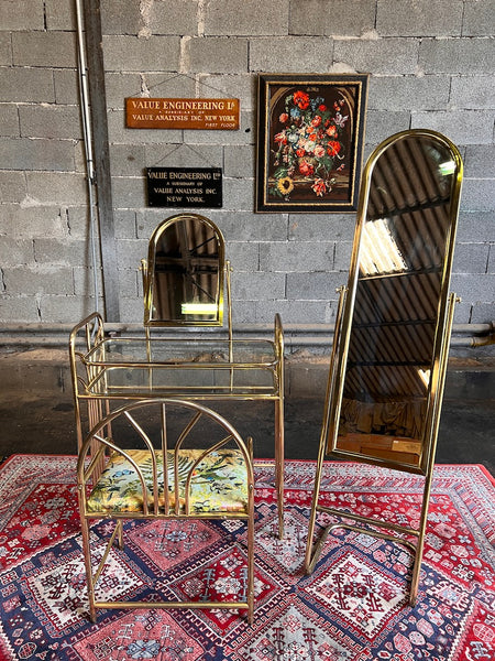 Coiffeuse / table de vanité et son psyché assorti en métal doré et verre - Années 70
