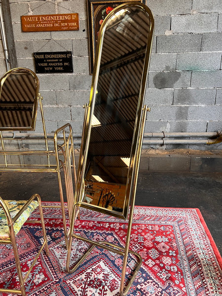Coiffeuse / table de vanité et son psyché assorti en métal doré et verre - Années 70