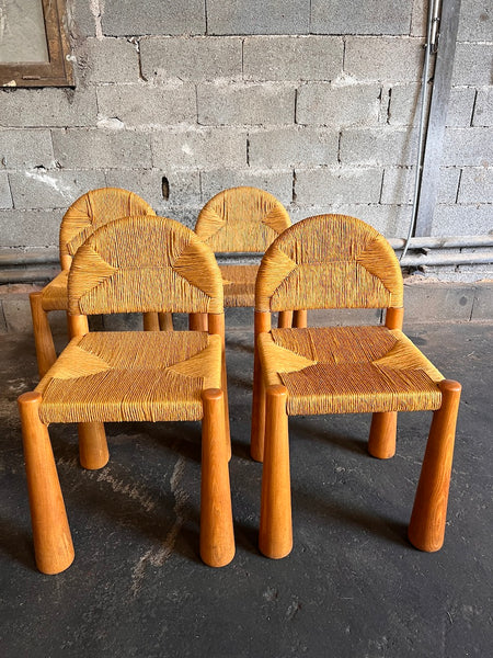 4 chaises Toscanolla en osier et pin massif par Alessandro Becchi pour Giovanetti - Italy - 1970