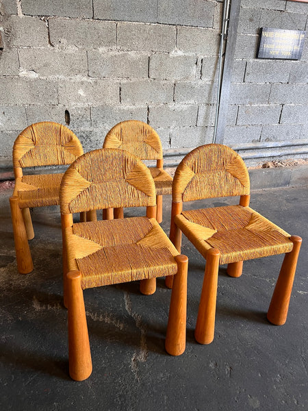 4 chaises Toscanolla en osier et pin massif par Alessandro Becchi pour Giovanetti - Italy - 1970