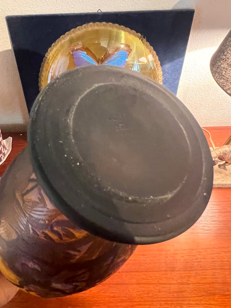 Grand vase vintage en verre soufflé à la bouche et gravé à l'acide Gallé Tip 31cm