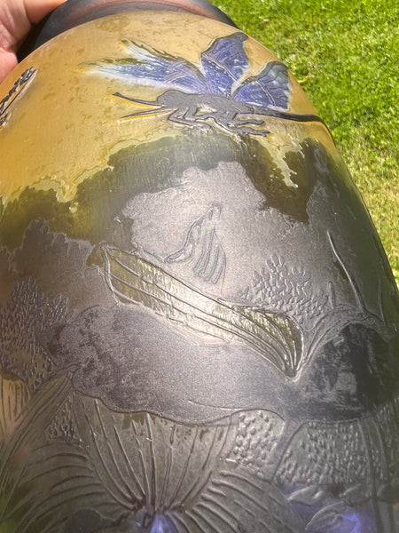 Grand vase vintage en verre soufflé à la bouche et gravé à l'acide Gallé Tip 31cm