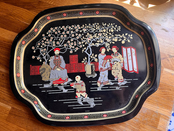 Service à thé vintage formé de boites et d'un plateau en métal au style asiatique - Made in England