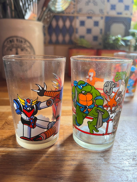 Lot de 7 verres vintages Moutarde Amora de dessins animés )- Années 70/80