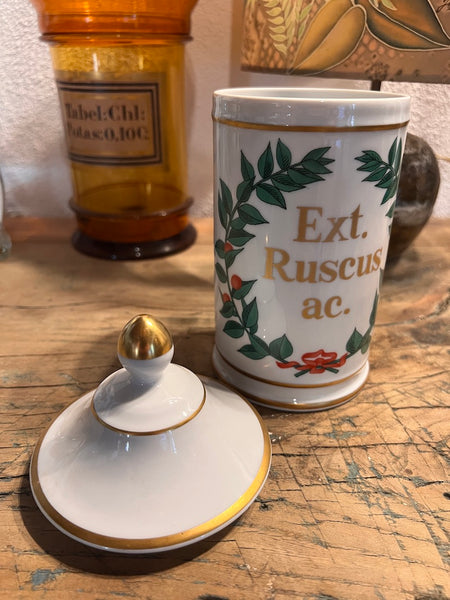 Pot d'apothicaire / de pharmacie vintage Ext. Ruscus ac. en porcelaine de Limoges - 1950/60