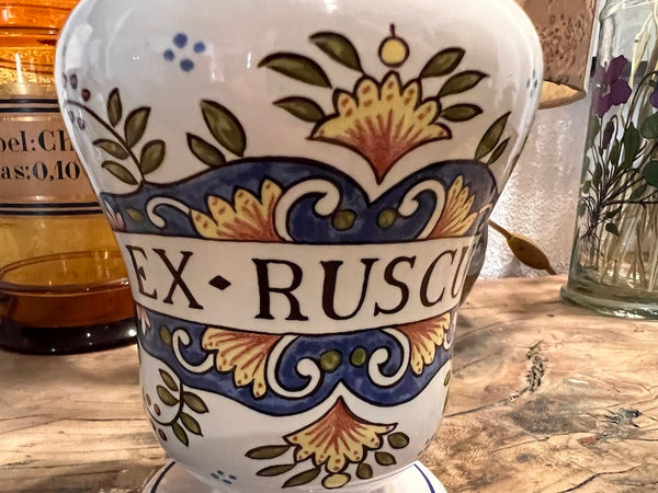 Pot d'apothicaire / de pharmacie vintage Ex-Ruscus en faïence Saint Clément - 1950/60