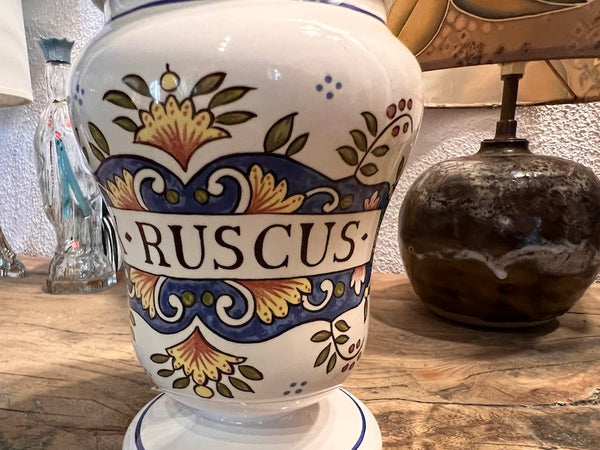 Pot d'apothicaire / de pharmacie vintage Ex-Ruscus en faïence Saint Clément - 1950/60