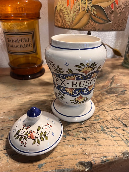 Pot d'apothicaire / de pharmacie vintage Ex-Ruscus en faïence Saint Clément - 1950/60
