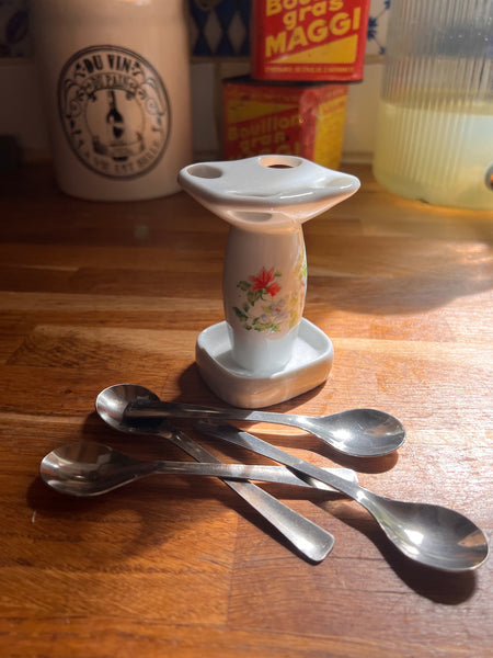 Porte petites cuillères vintage en porcelaine et inox