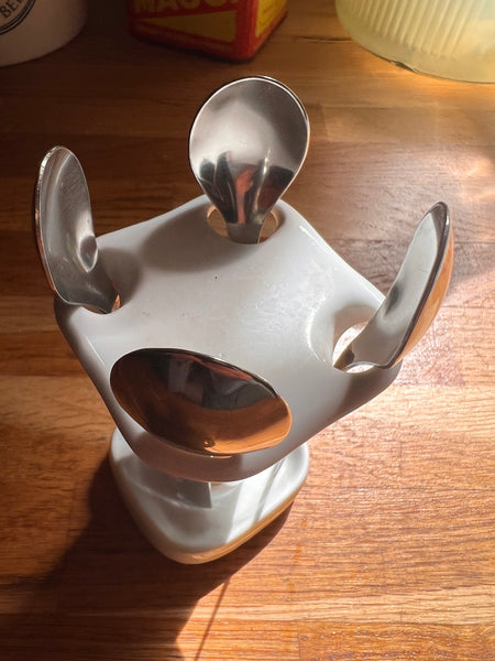 Porte petites cuillères vintage en porcelaine et inox