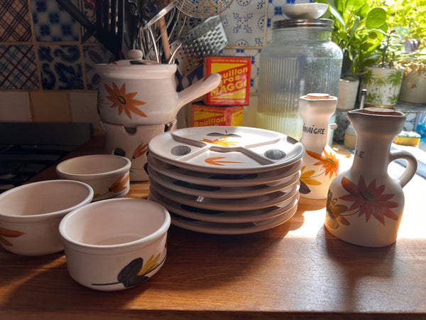 Service à fondue vintage Poterie du Marais France en céramique - 1962