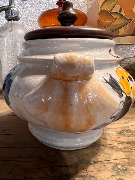 Pot vintage Caramel en faïence craquelée et couvercle bois