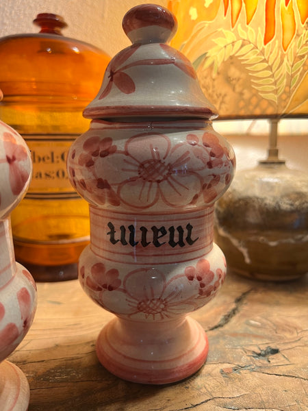 Lot de 3 pots roses vintages d'herboriste / apothicaire en céramique peinte à la main