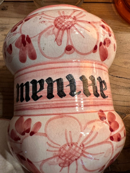 Lot de 3 pots roses vintages d'herboriste / apothicaire en céramique peinte à la main